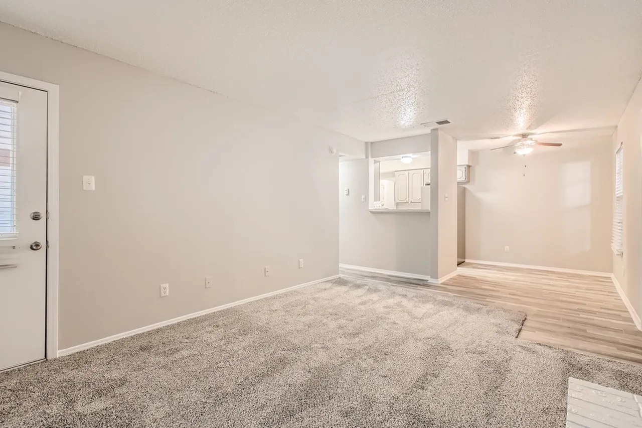 Living room with carpet and wood-style plank flooring, glass-enclosed shower, ceiling fan
