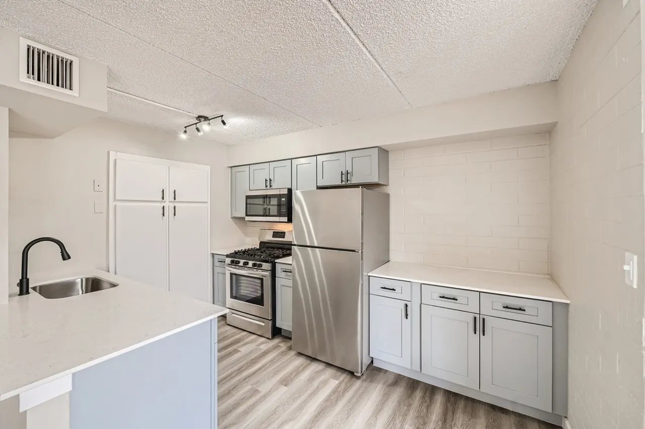 Kitchen, white shaker cabinetry, stainless steel appliances, wood-style plank flooring, quartz countertops