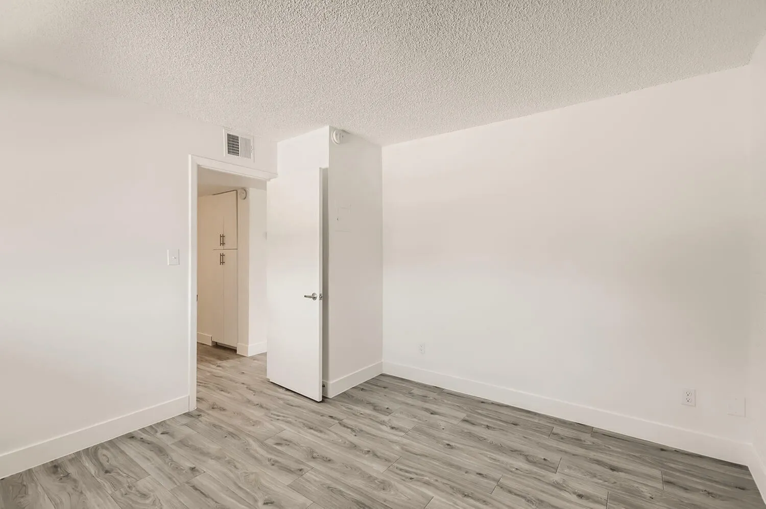 Entry hallway, wood-style plank flooring, white walls, multiple doors