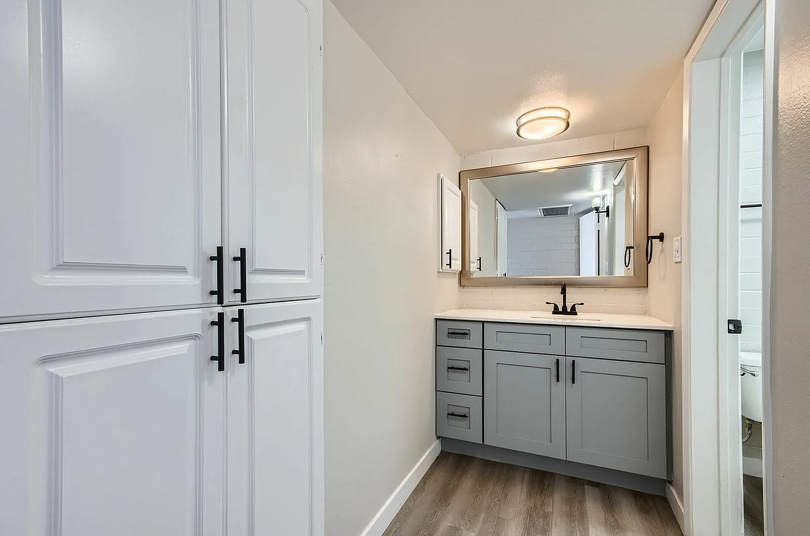 Primary bathroom, gray cabinetry, quartz countertop, framed mirror, wood-style plank flooring