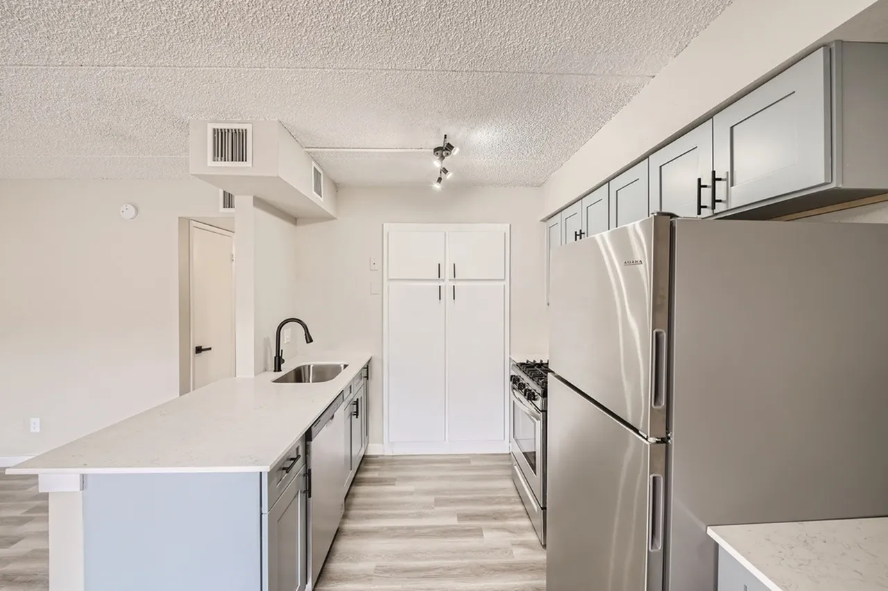 Kitchen, gray cabinetry, quartz countertops, stainless steel appliances, wood-style plank flooring