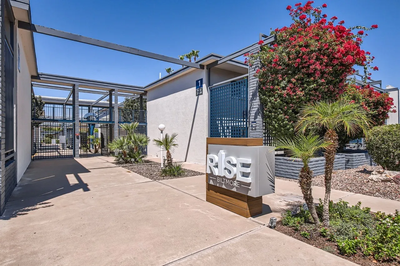 Exterior entryway with concrete walkway, metal pergola, red flowering tree, palm trees, signage