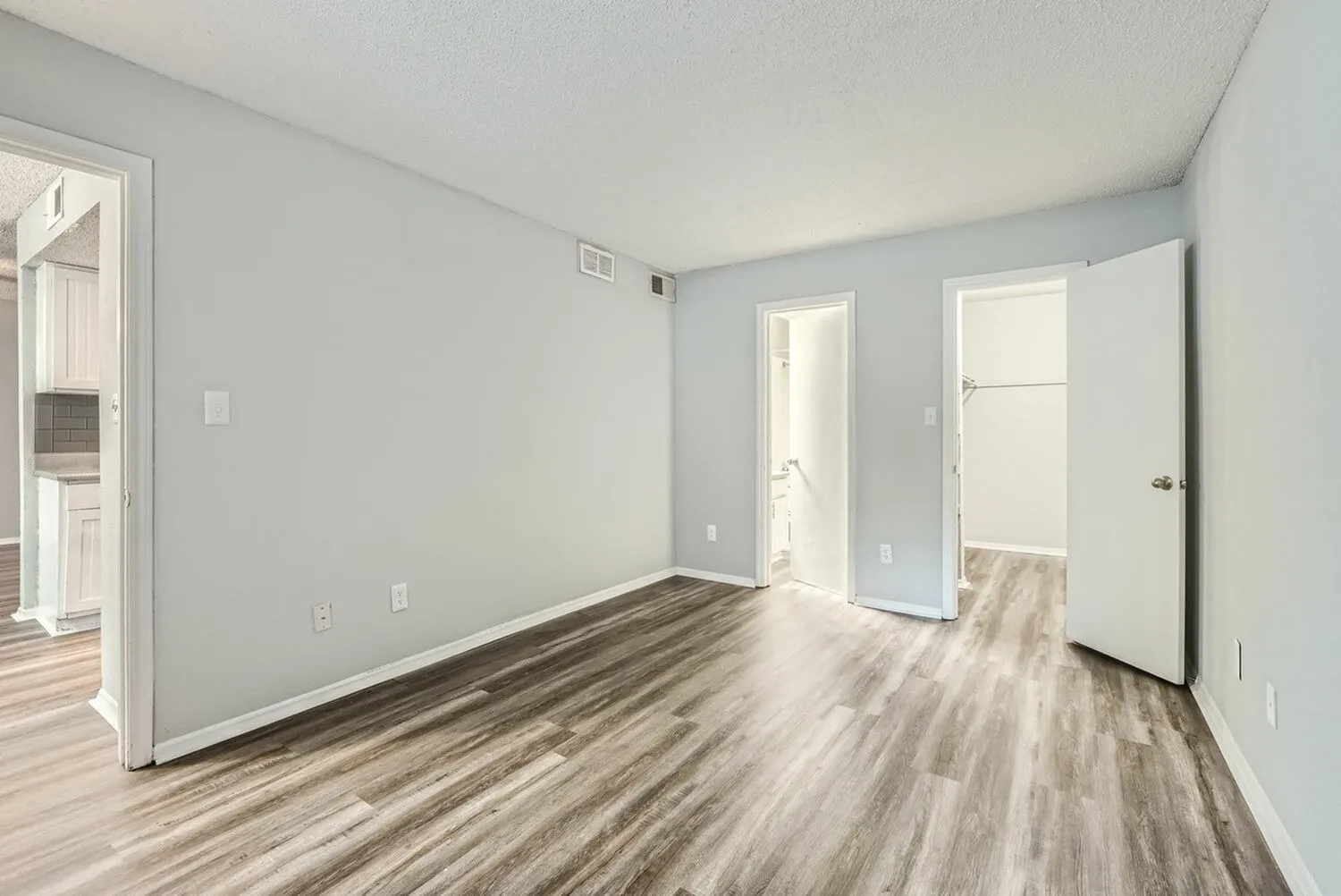 Bedroom, wood-style plank flooring, light blue walls, dual closets, entry doors