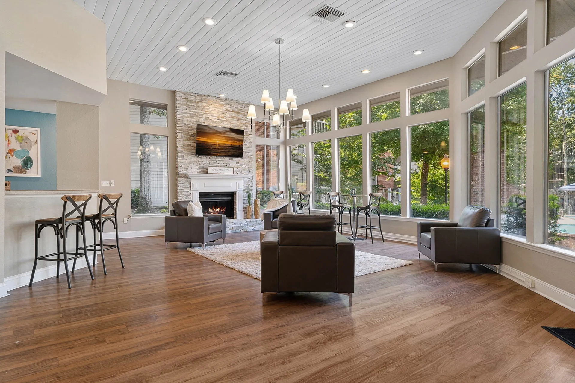 Living room, wood-style plank flooring, fireplace with stone surround, wall-mounted TV, pendant lighting, large windows