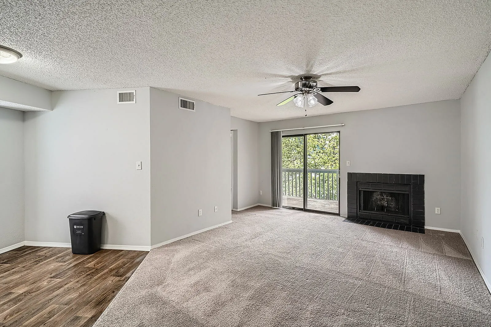 Living room, wood-style plank flooring, ceiling fan, black fireplace, glass balcony door