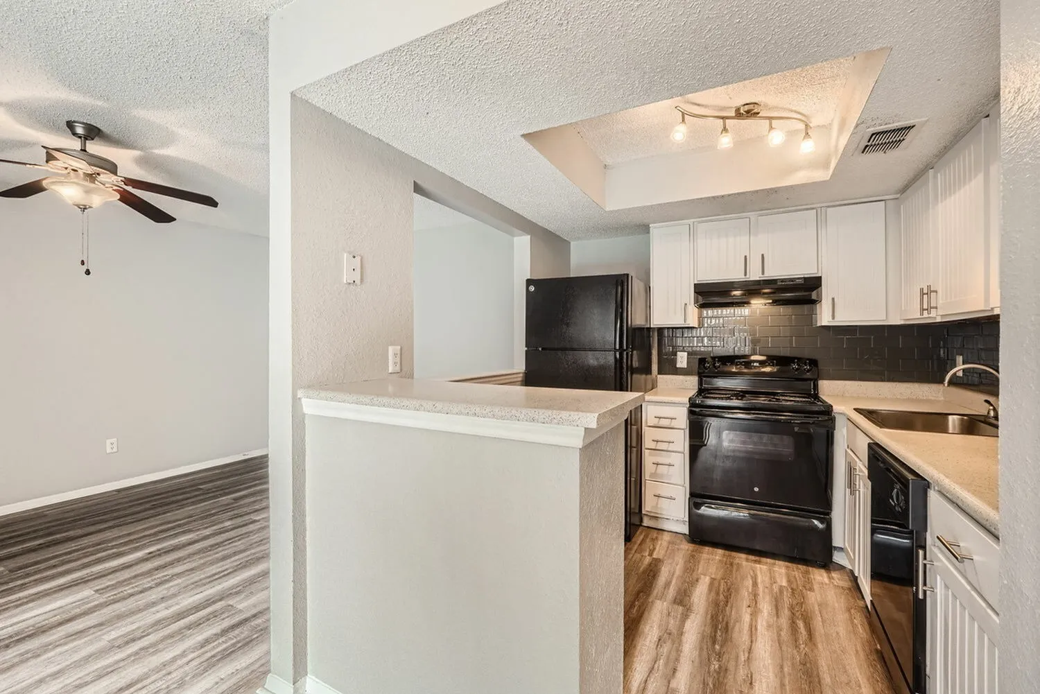 Kitchen, white shaker cabinetry, quartz countertops, black stainless appliances, wood-style plank flooring