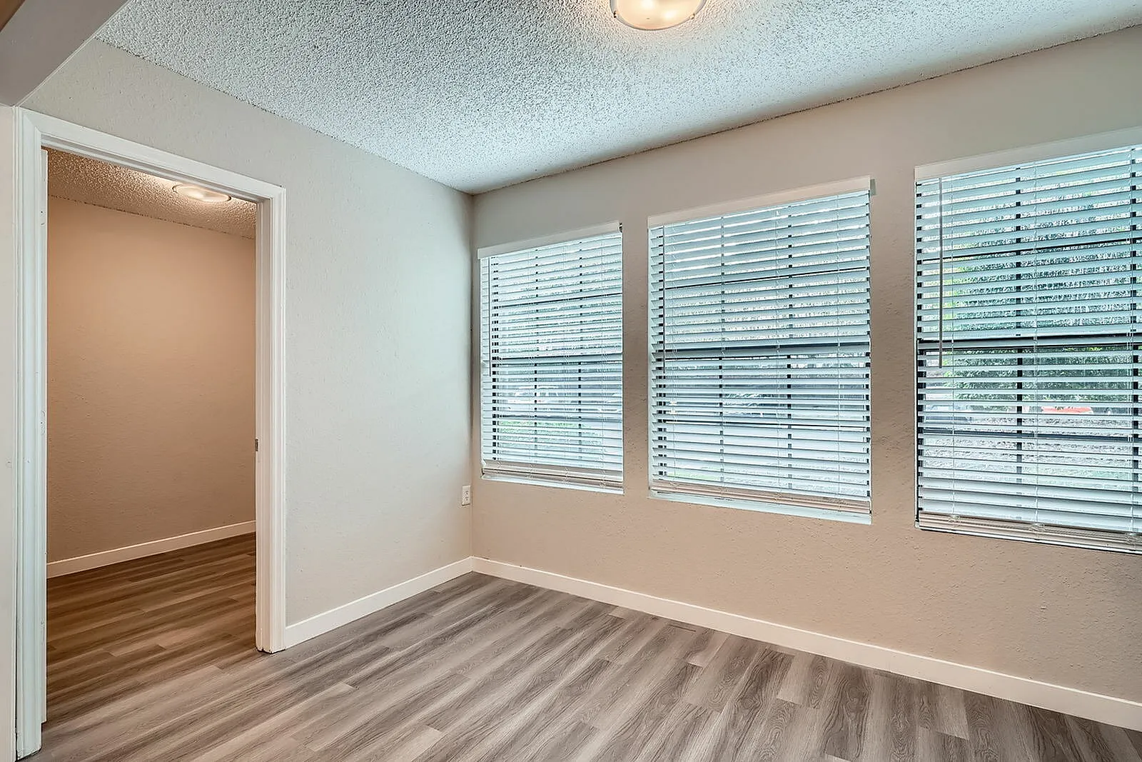 Bedroom, wood-style plank flooring, white shutters on windows, ceiling light fixture, entry door