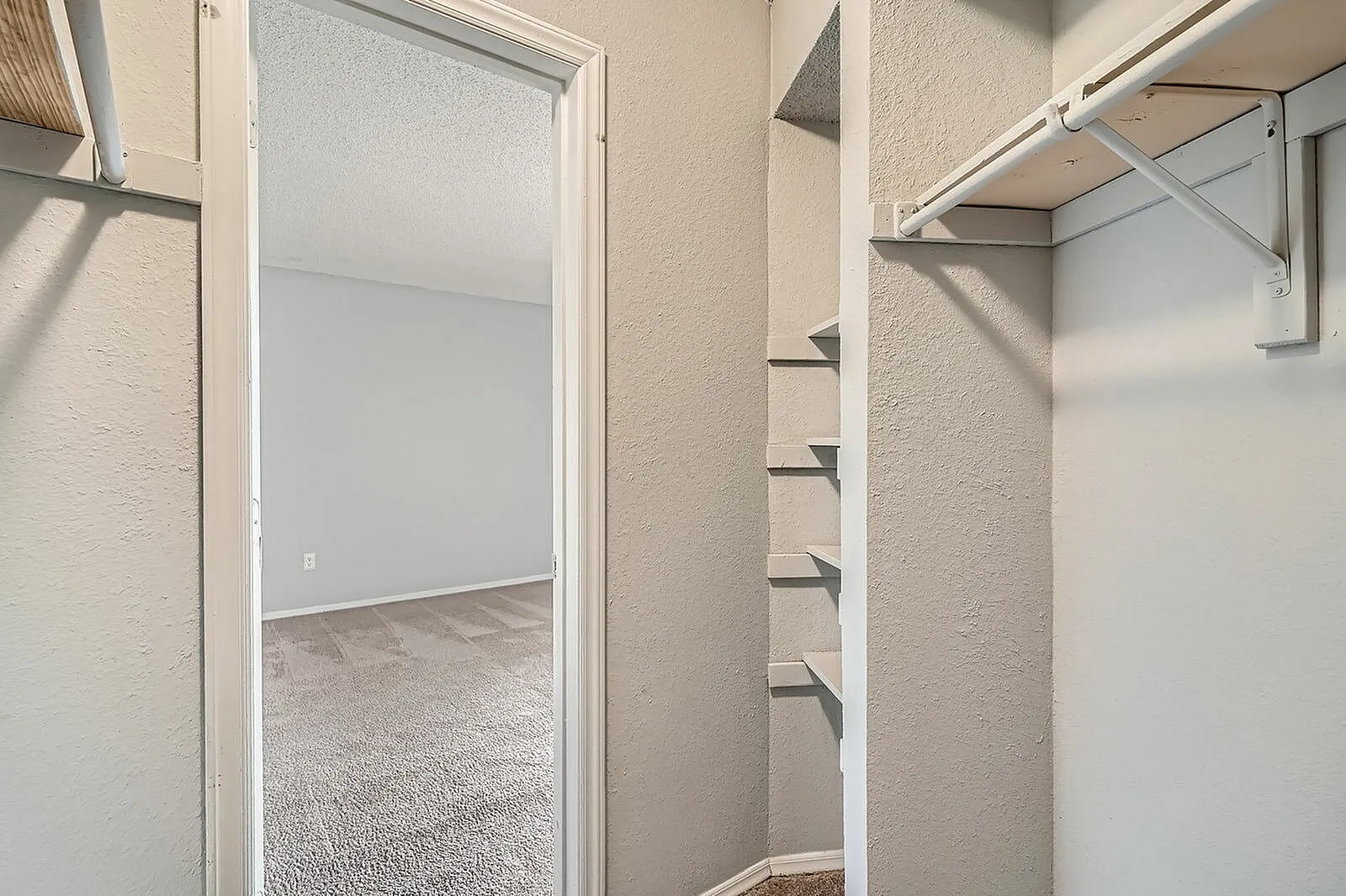 Primary closet, wire shelving, built-in organizers, carpet flooring