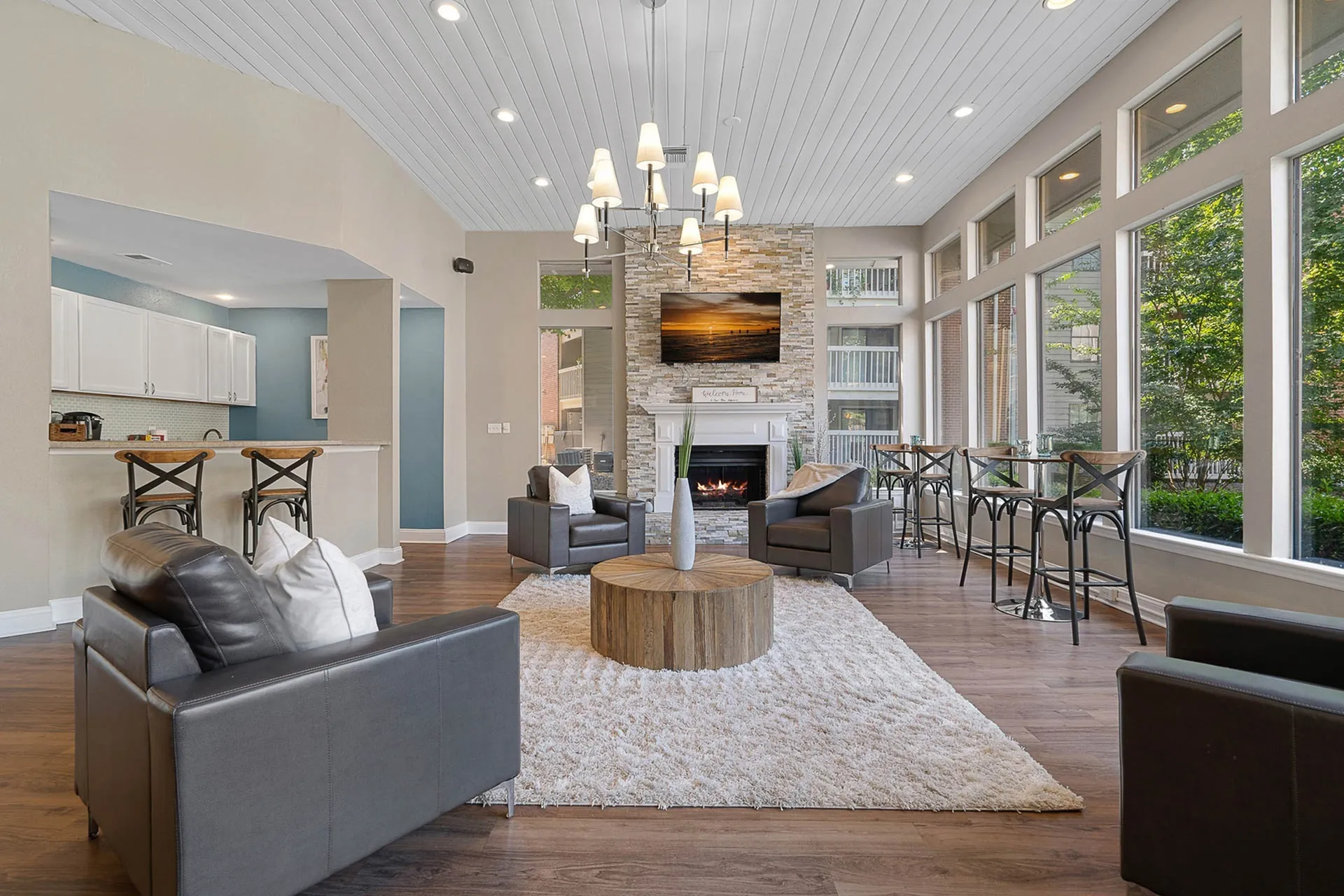 Living room, wood-style plank flooring, stone fireplace, pendant lighting, built-in shelving