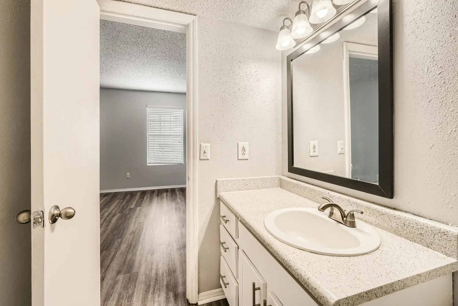 Bathroom, white vanity with storage, quartz countertop, framed mirror, wood-style plank flooring