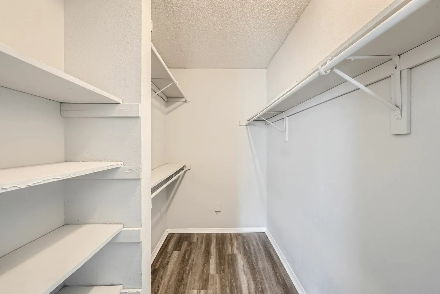 Walk-in closet, built-in shelving, hanging rods, wood-style plank flooring