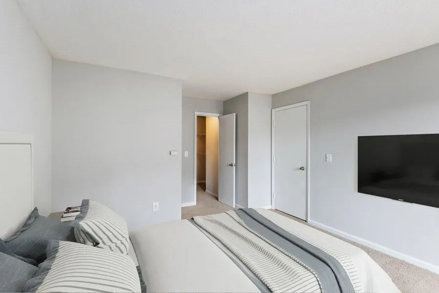Primary bedroom, walk-in closet access, wall-to-wall carpet