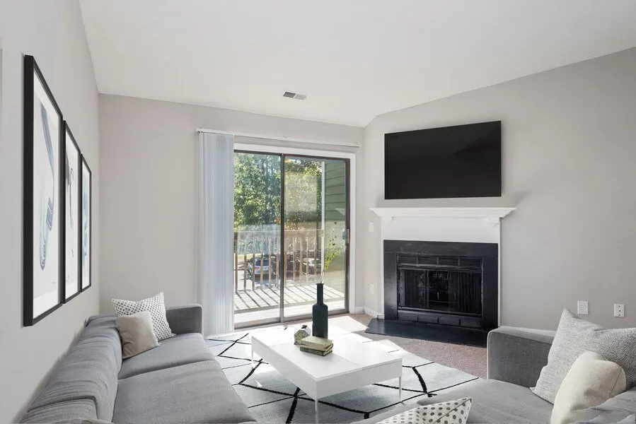 Living room, fireplace, sliding glass door, patio access