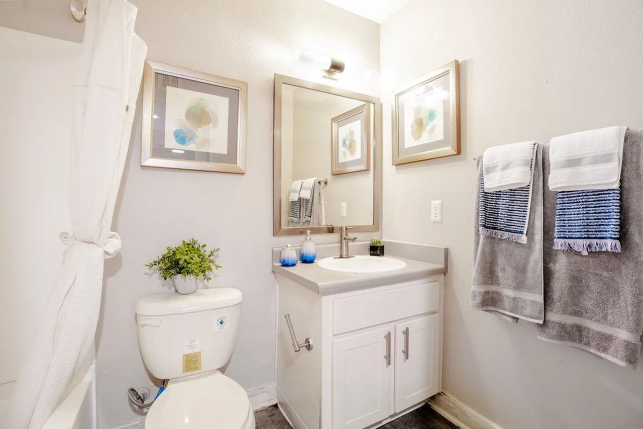 Bathroom vanity with framed mirror and towel bar