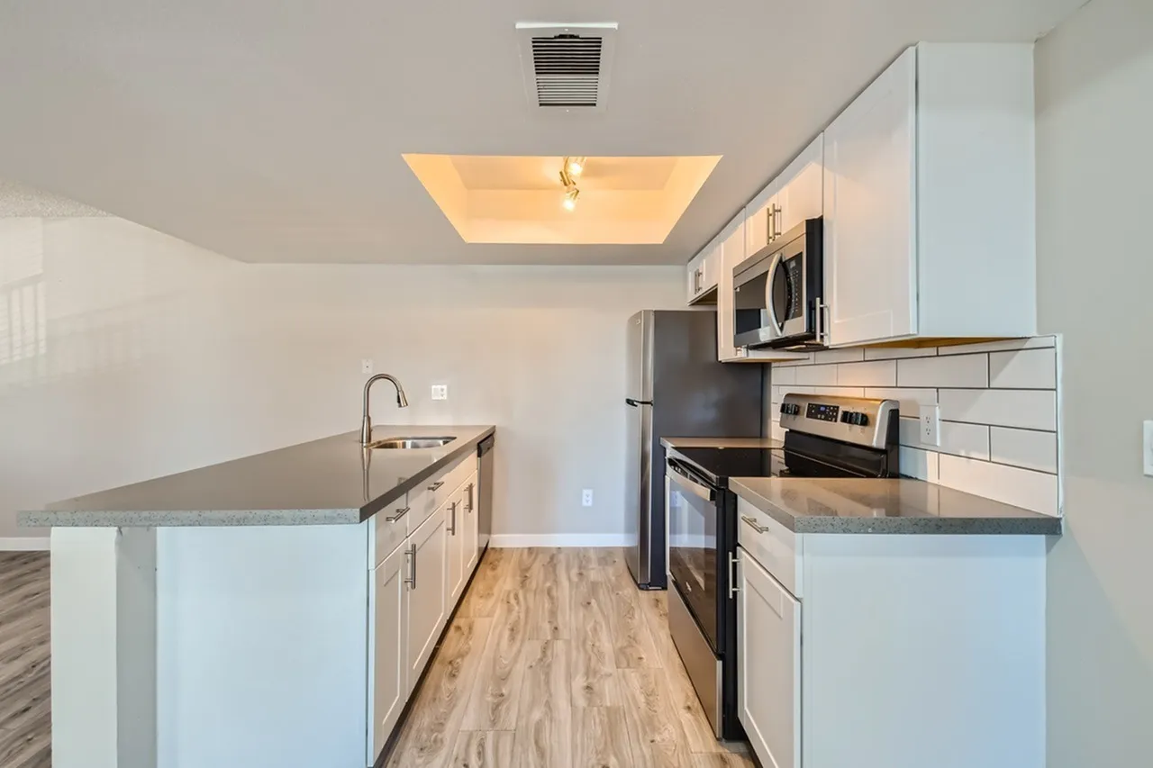 Galley kitchen with stainless steel appliances and tray ceiling