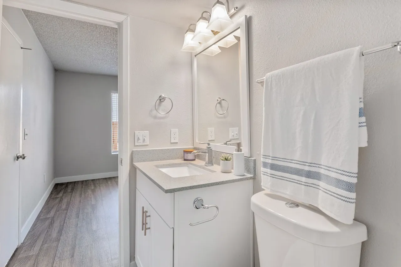 Bathroom, white vanity cabinetry, quartz countertop, framed mirror with lighting, wood-style plank flooring