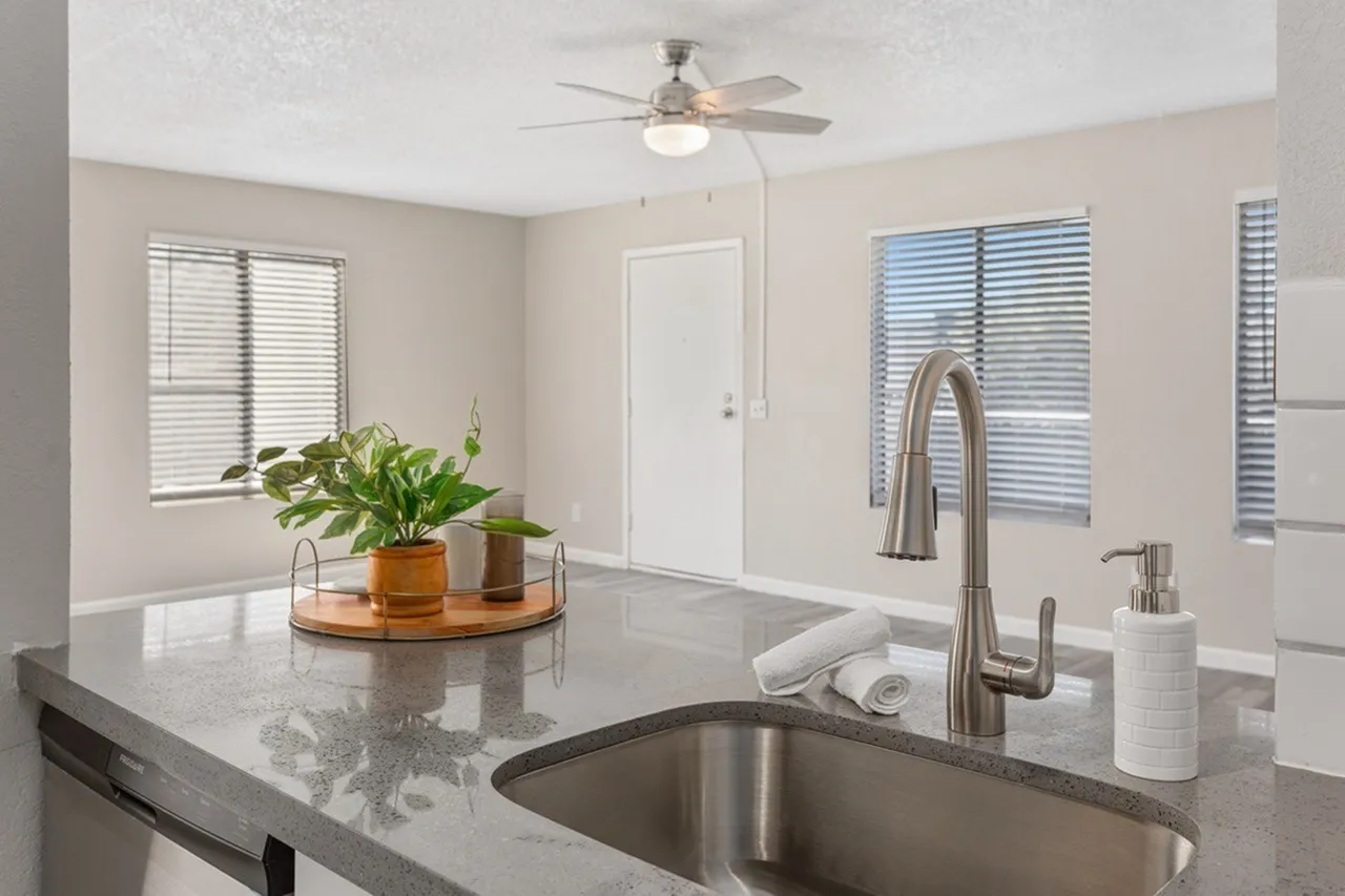 Kitchen, gray quartz countertops, stainless steel sink, ceiling fan, potted plant