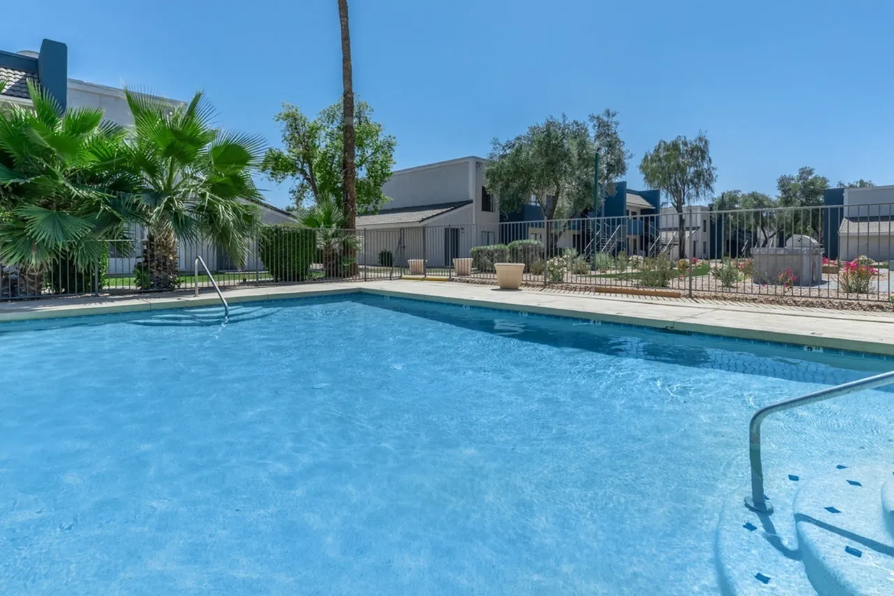 Resort-style swimming pool, lounge chairs, palm trees, fenced perimeter, clear blue water