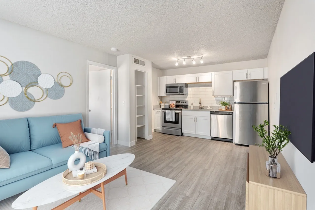 Open concept living and kitchen, wood-style plank flooring, white shaker cabinetry, stainless appliances, blue sofa