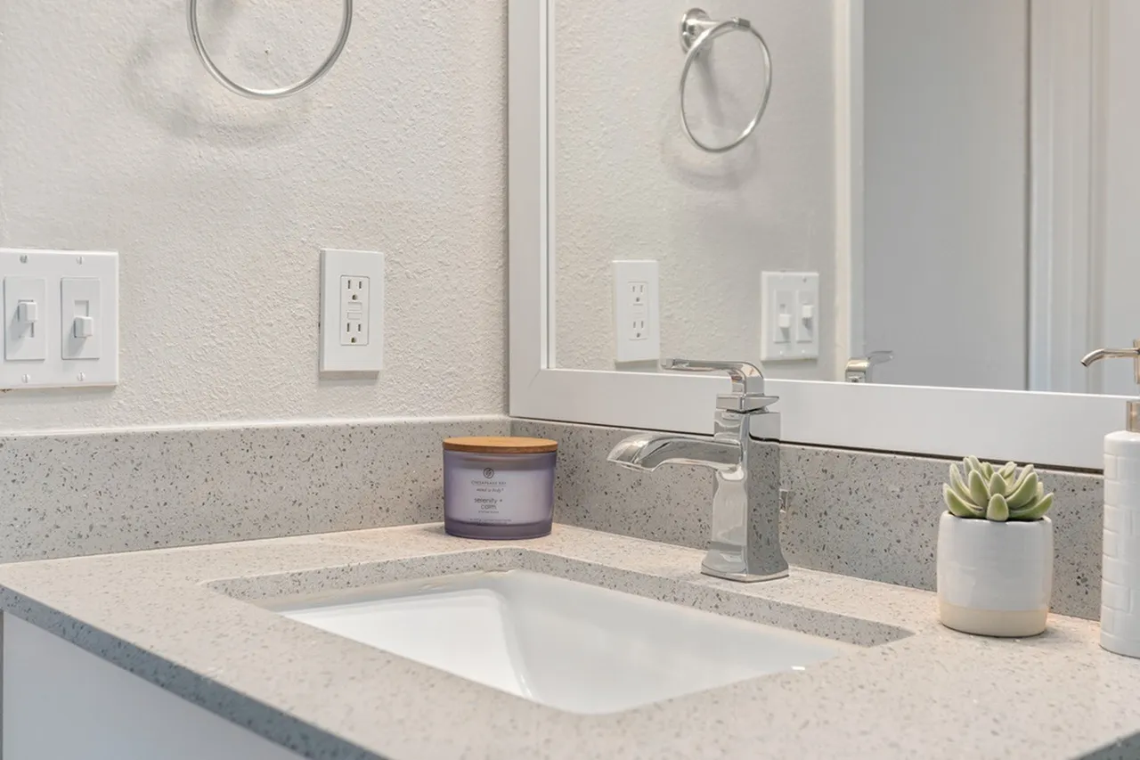 Bathroom vanity, quartz countertops, undermount sink, chrome faucet, decorative plant