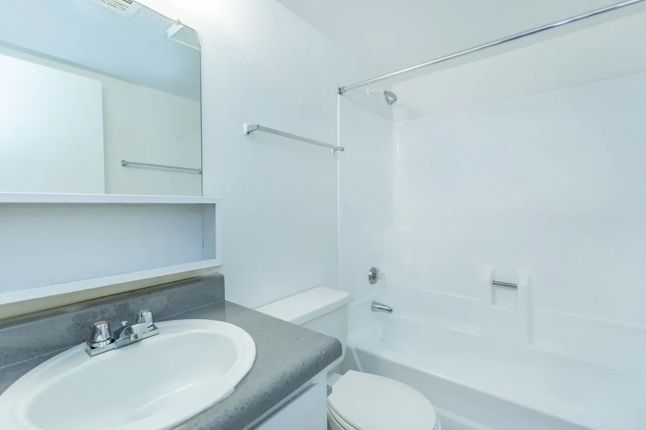 Bathroom, dark gray countertop, white oval sink, large mirror, toilet, glass shower enclosure