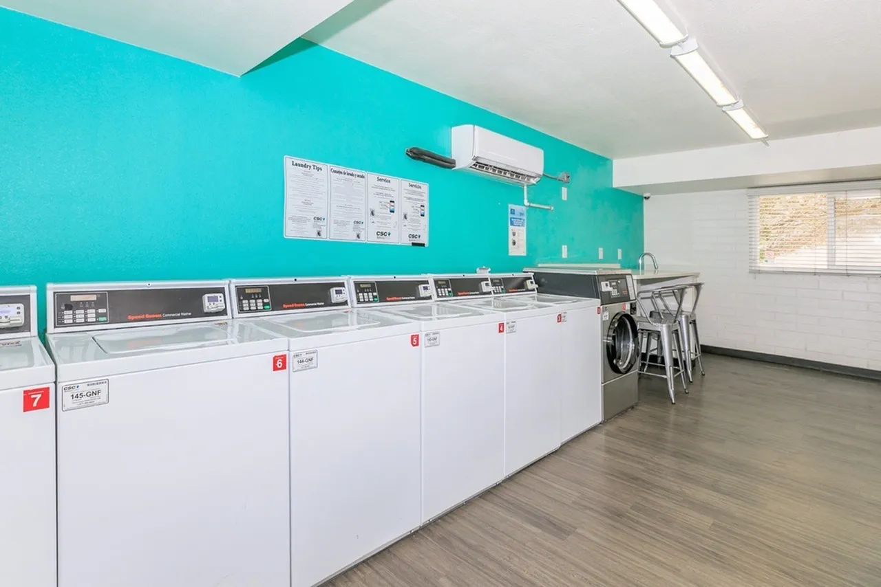 Laundry facility, turquoise accent wall, white front-load washers, black dryer controls, wood-style plank flooring