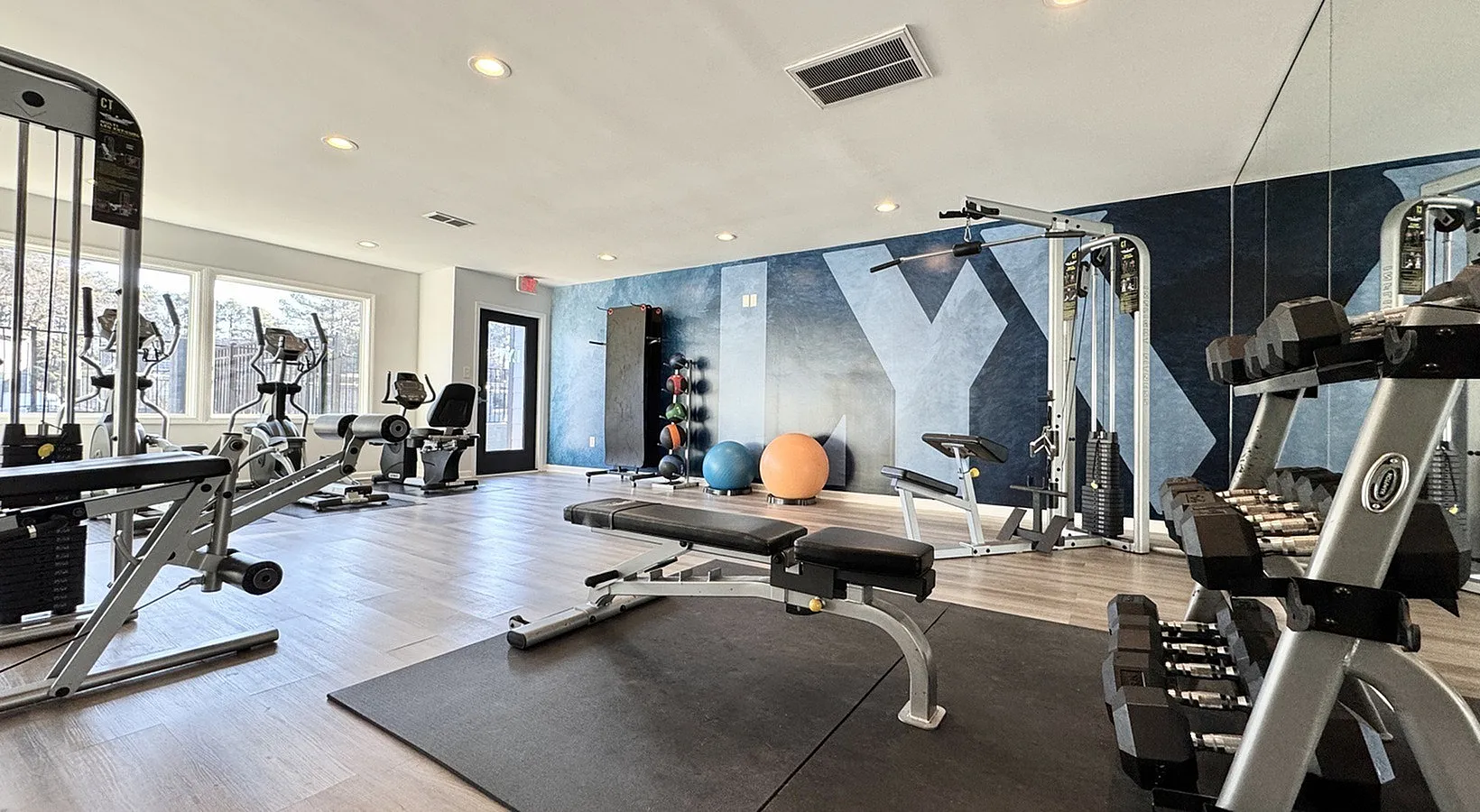 Fitness center, cardio equipment, free weights, blue accent wall, wood-style plank flooring