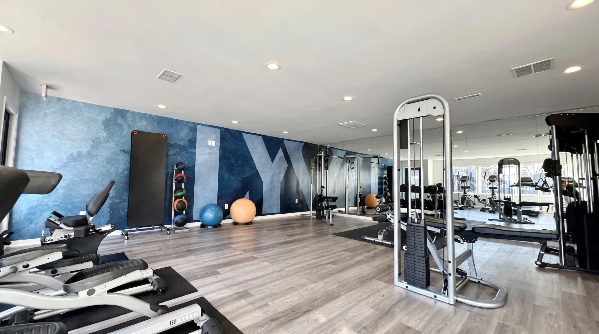 Fitness center, cardio equipment, strength training machines, wood-style plank flooring, blue accent wall
