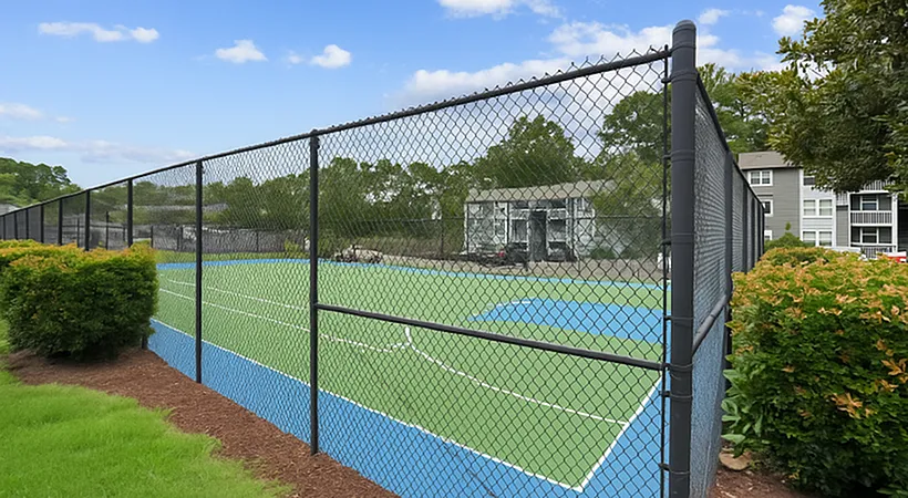 Tennis court, black chain-link fencing, blue hard court surface, hedge landscaping, residential building