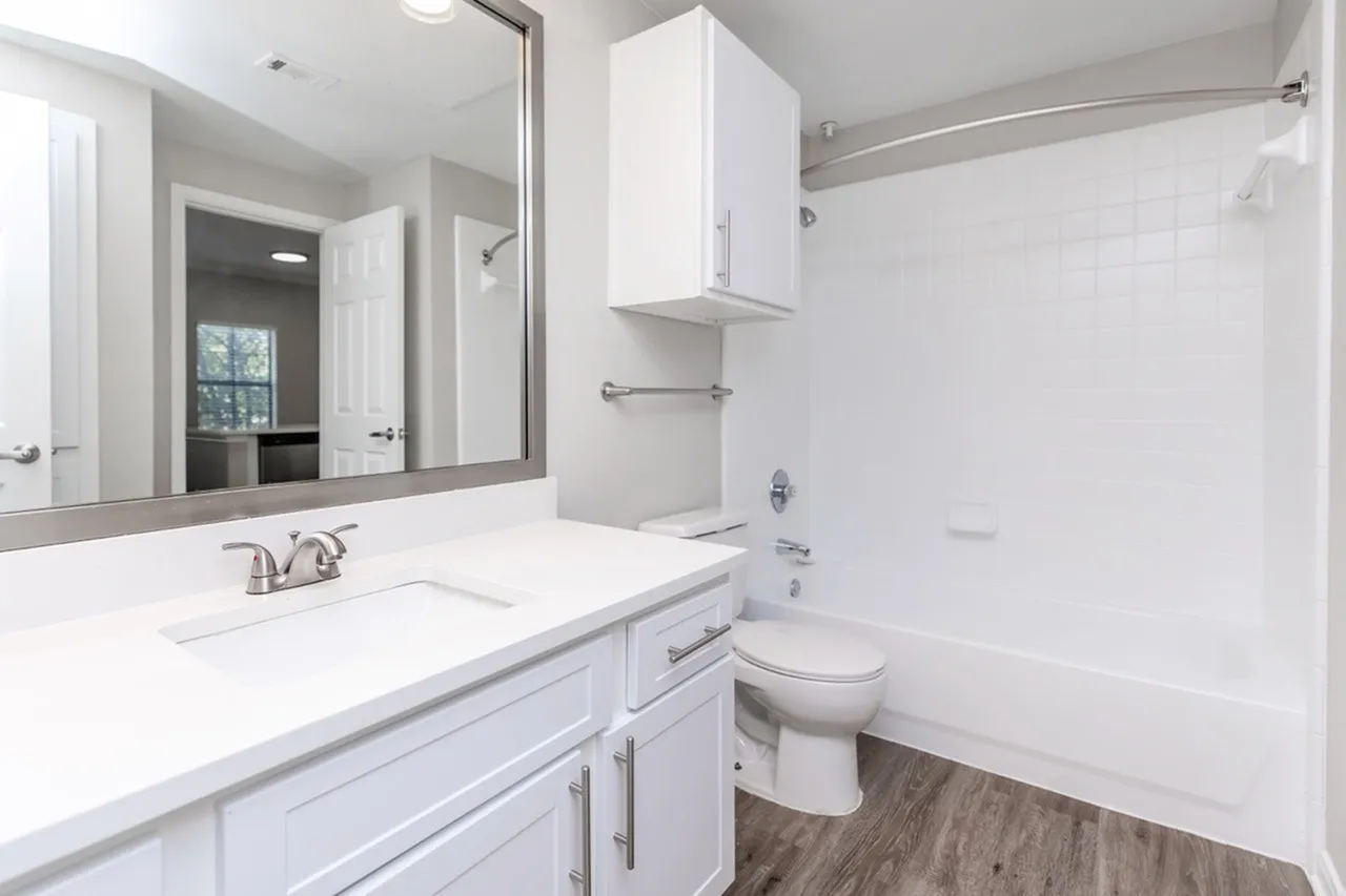 Bathroom, white shaker cabinetry, quartz countertop, wood-style plank flooring