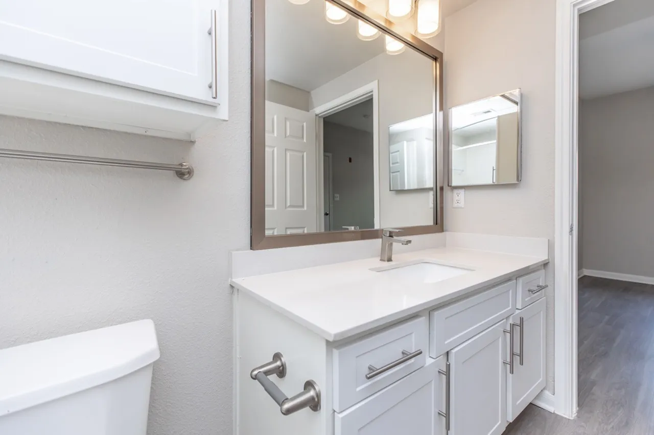Bathroom, white cabinetry, quartz countertop, large mirror, chrome fixtures
