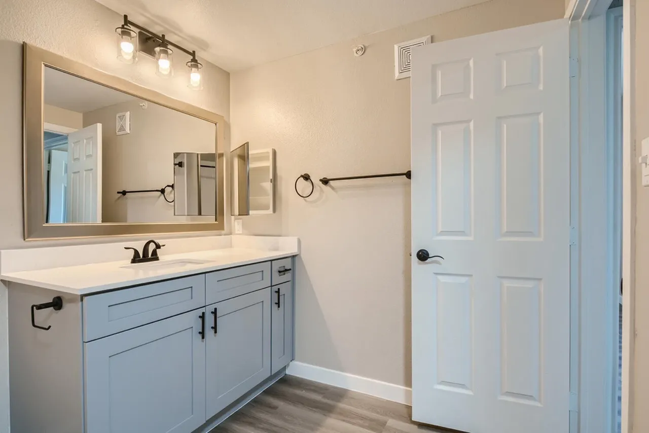 Primary bathroom, light blue cabinetry, white countertops, framed mirror, wood-style plank flooring