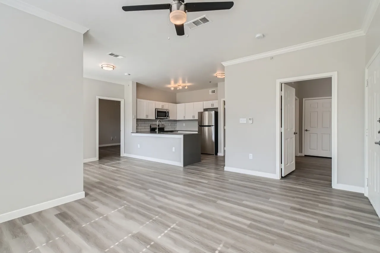Open concept living and kitchen area, wood-style plank flooring, white shaker cabinetry, stainless appliances, ceiling fan