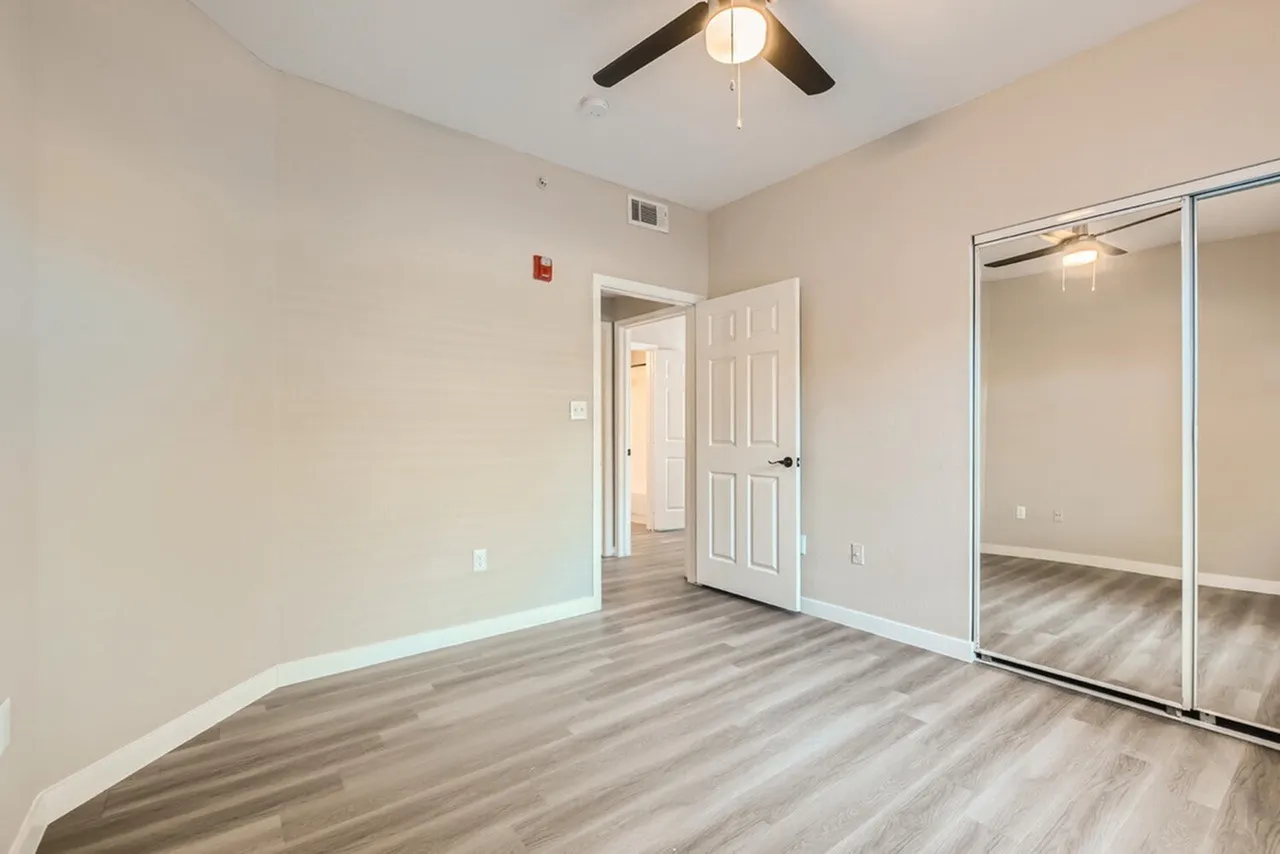 Primary bedroom, wood-style plank flooring, mirrored closet doors, ceiling fan