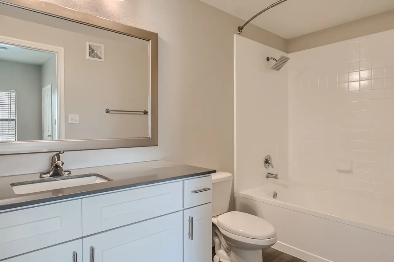 Primary bathroom, white cabinetry, gray quartz countertop, framed mirror