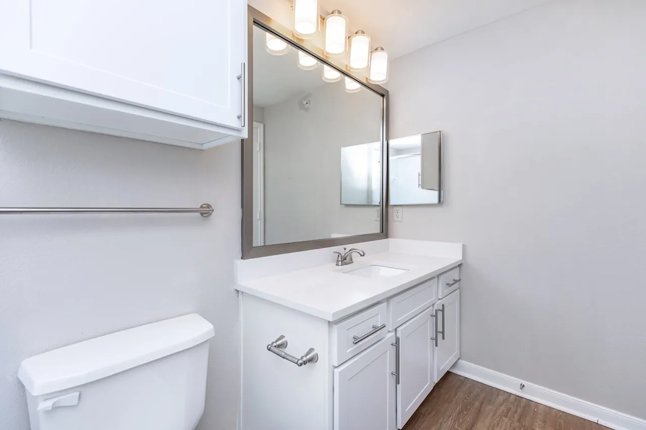 Bathroom, white cabinetry, white countertops, framed mirror, wood-style plank flooring