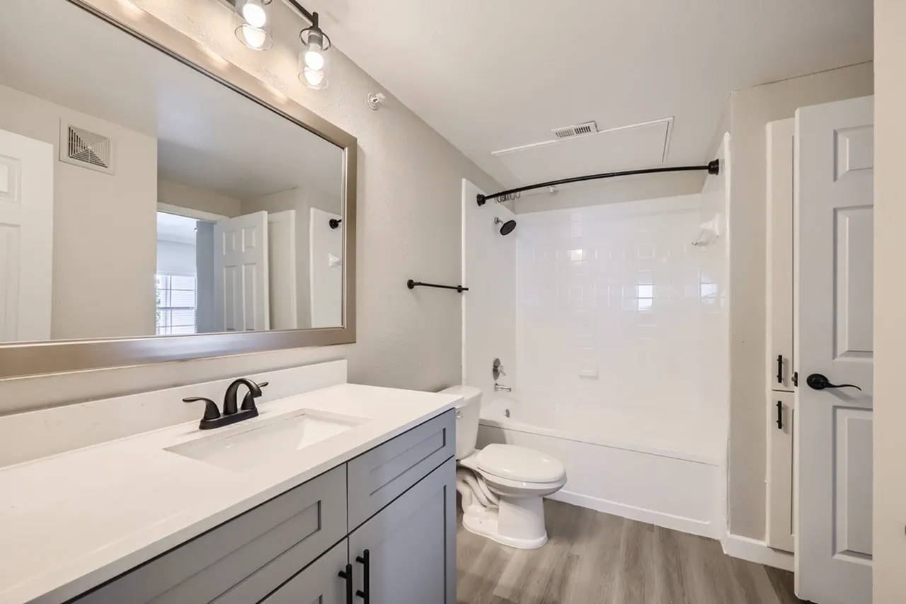 Primary bathroom, gray vanity cabinetry, white quartz countertops, large mirror with lighting, wood-style plank flooring
