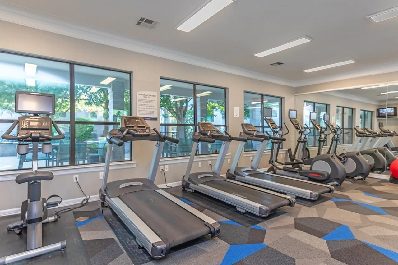 Fitness center, treadmills, stationary bikes, elliptical machines, wood-style plank flooring, large windows