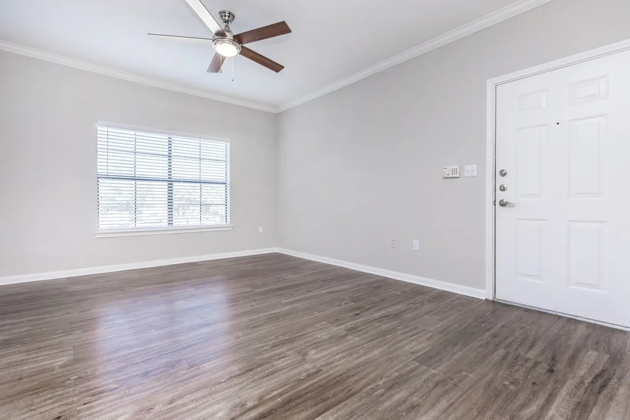 Primary bedroom, wood-style plank flooring, ceiling fan, large window with shutters, entry door