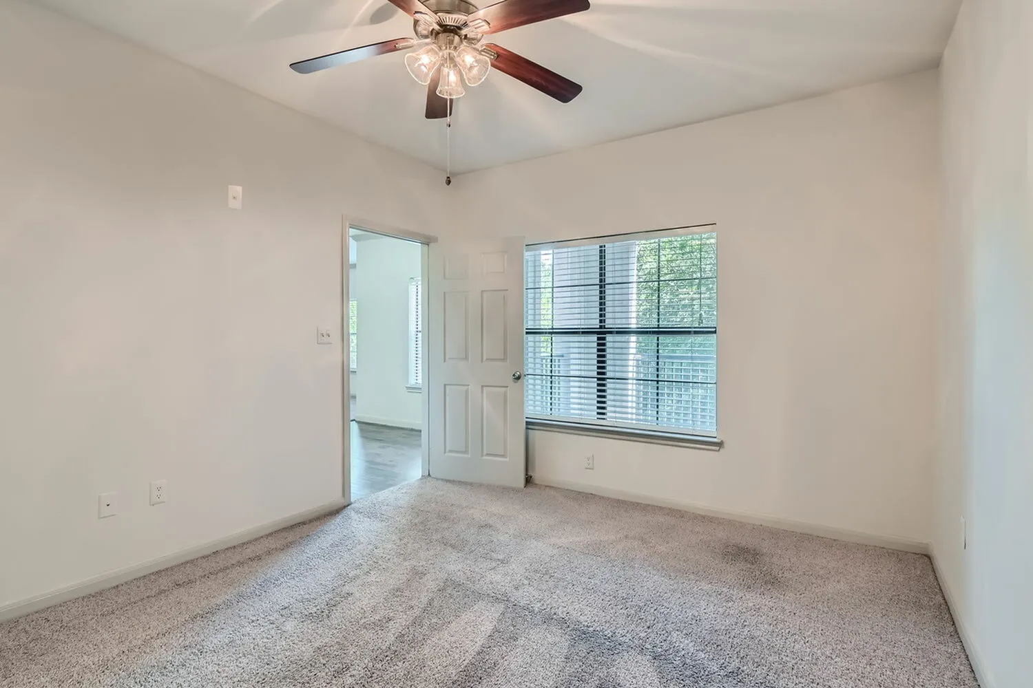 Primary bedroom, gray carpet flooring, ceiling fan with light fixture, window with blinds, entry door