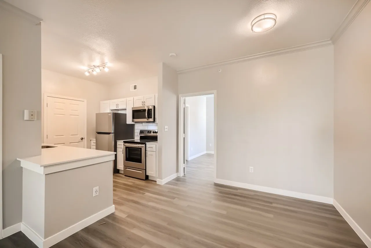 Kitchen with white cabinetry, stainless appliances, wood-style plank flooring, peninsula counter