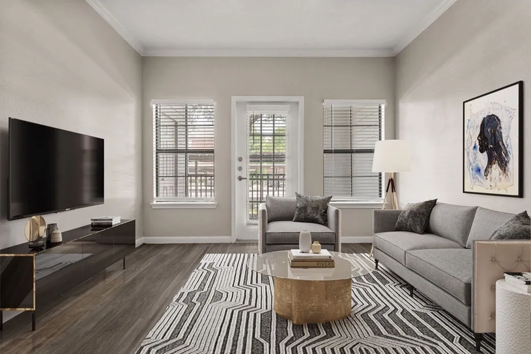 Living room, wood-style plank flooring, gray sofa, flat-screen TV, geometric area rug