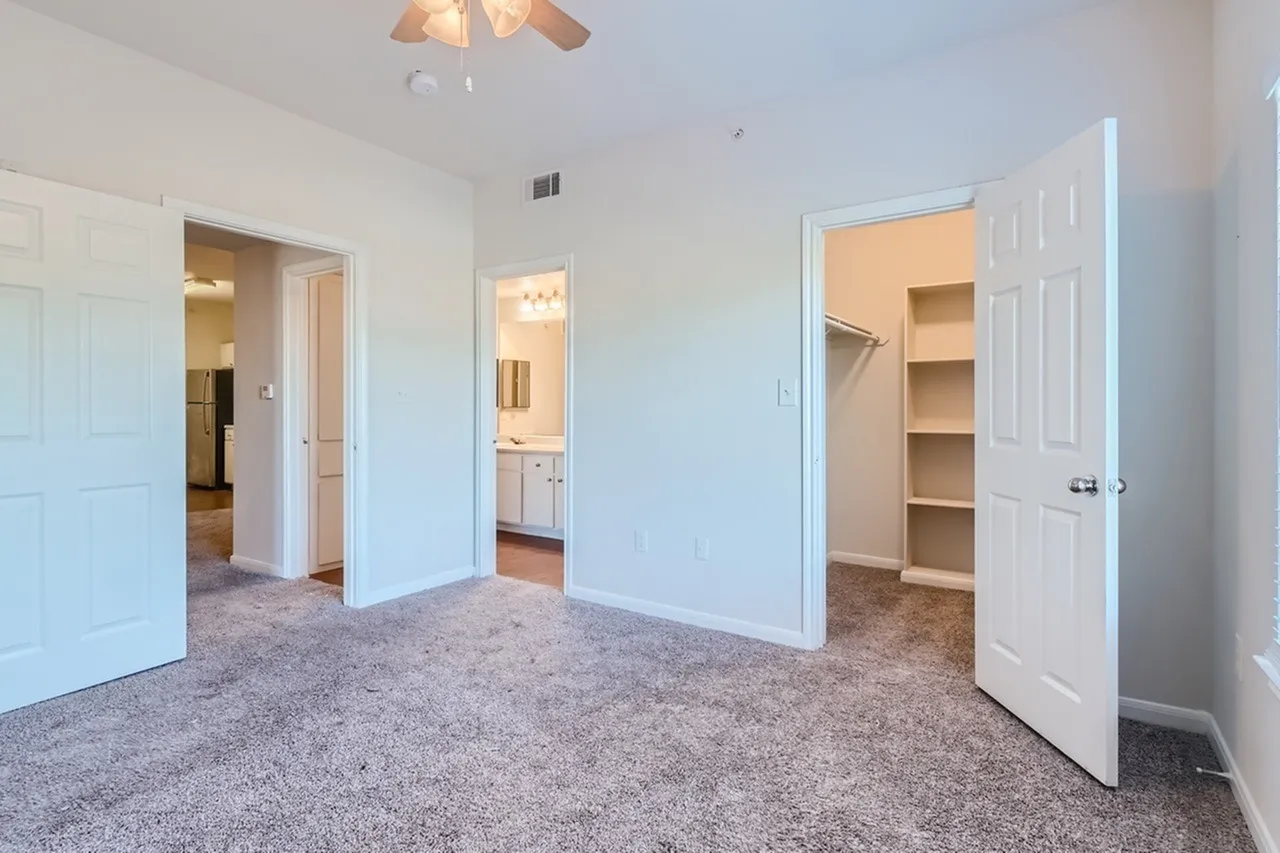 Primary bedroom, carpet flooring, ceiling fan, walk-in closet, ensuite bathroom