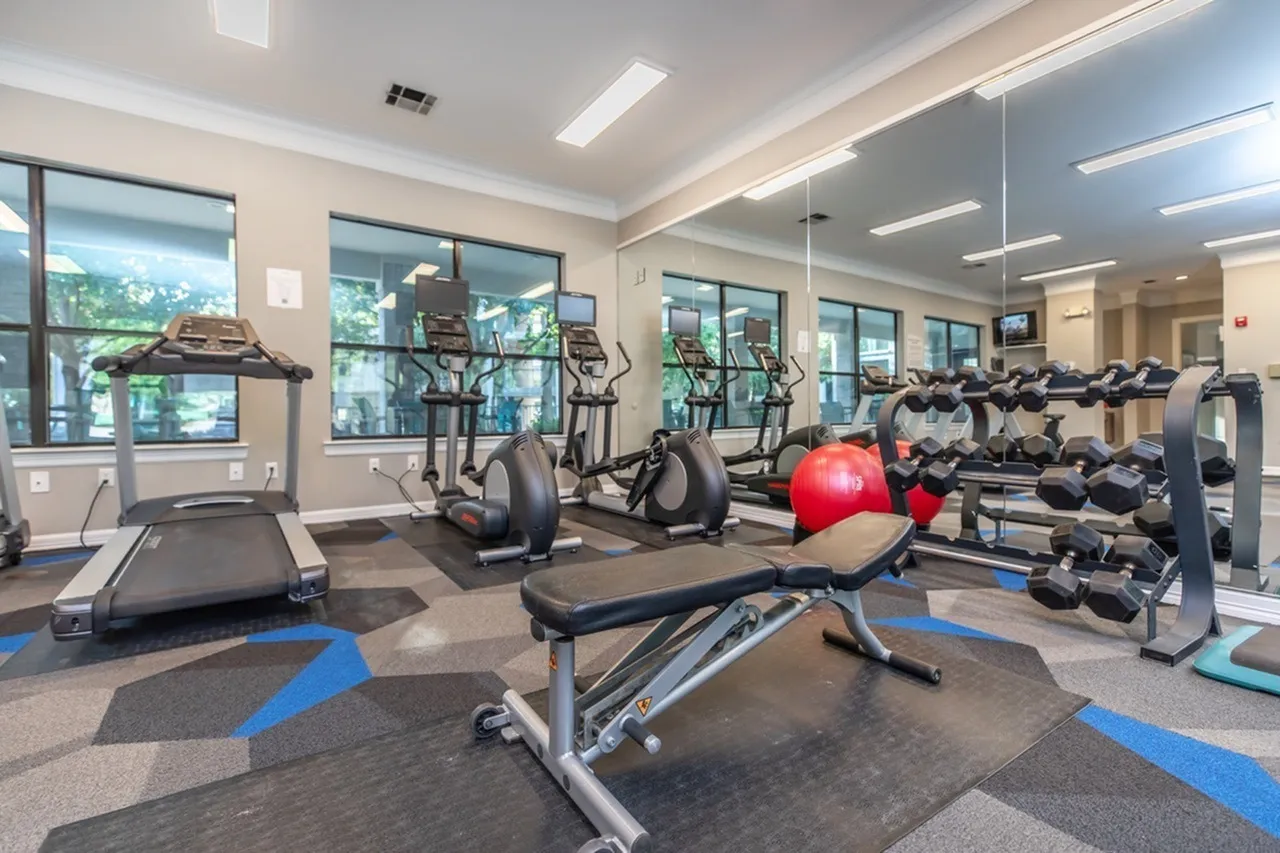 Fitness center, cardio equipment, free weights, exercise ball, blue accent flooring