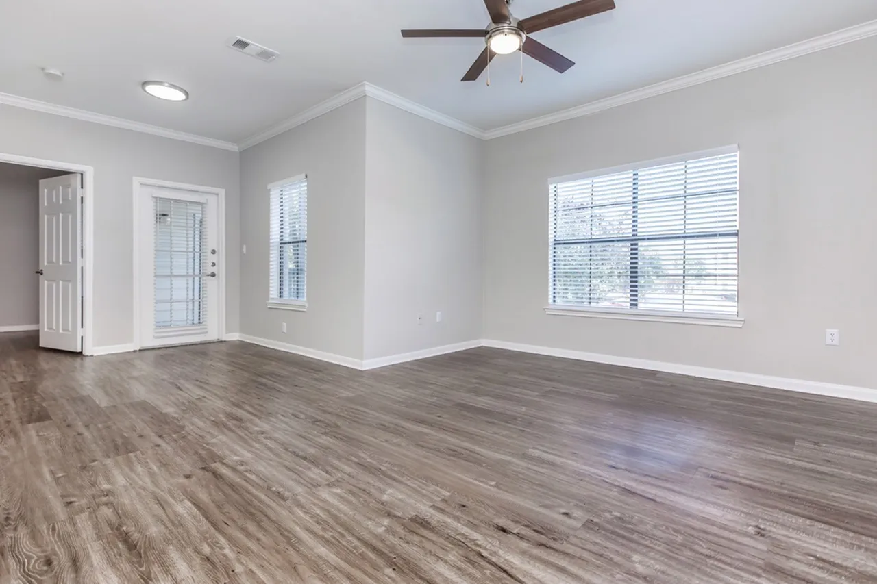 Living room, wood-style plank flooring, ceiling fan, entry door, large windows