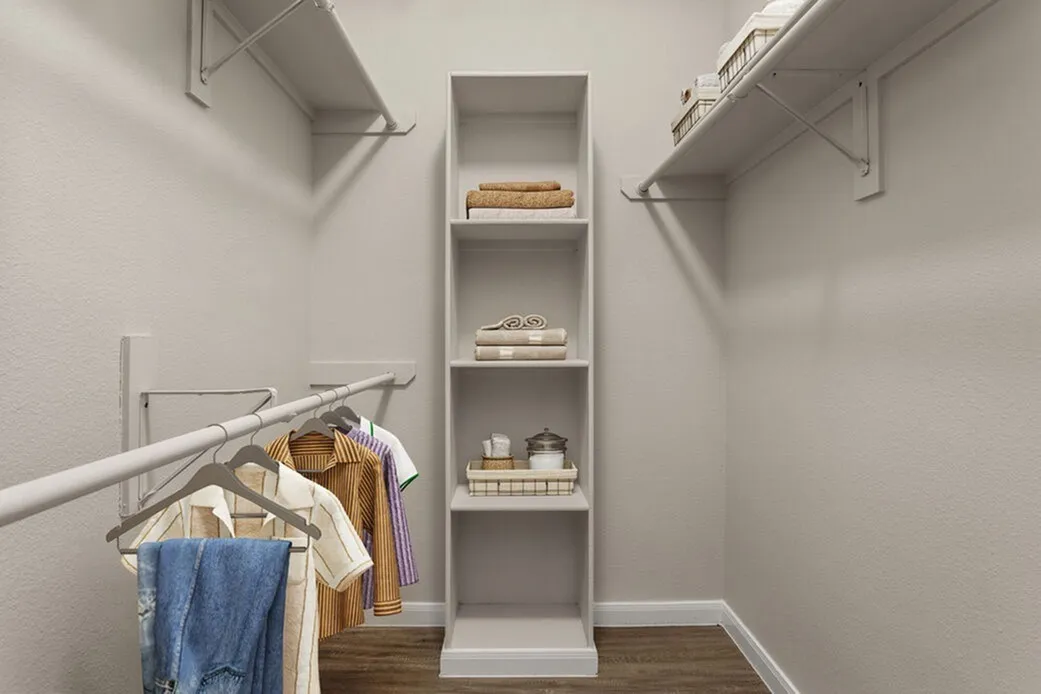 Walk-in closet with wood-style plank flooring, built-in shelving, clothing rod, white walls