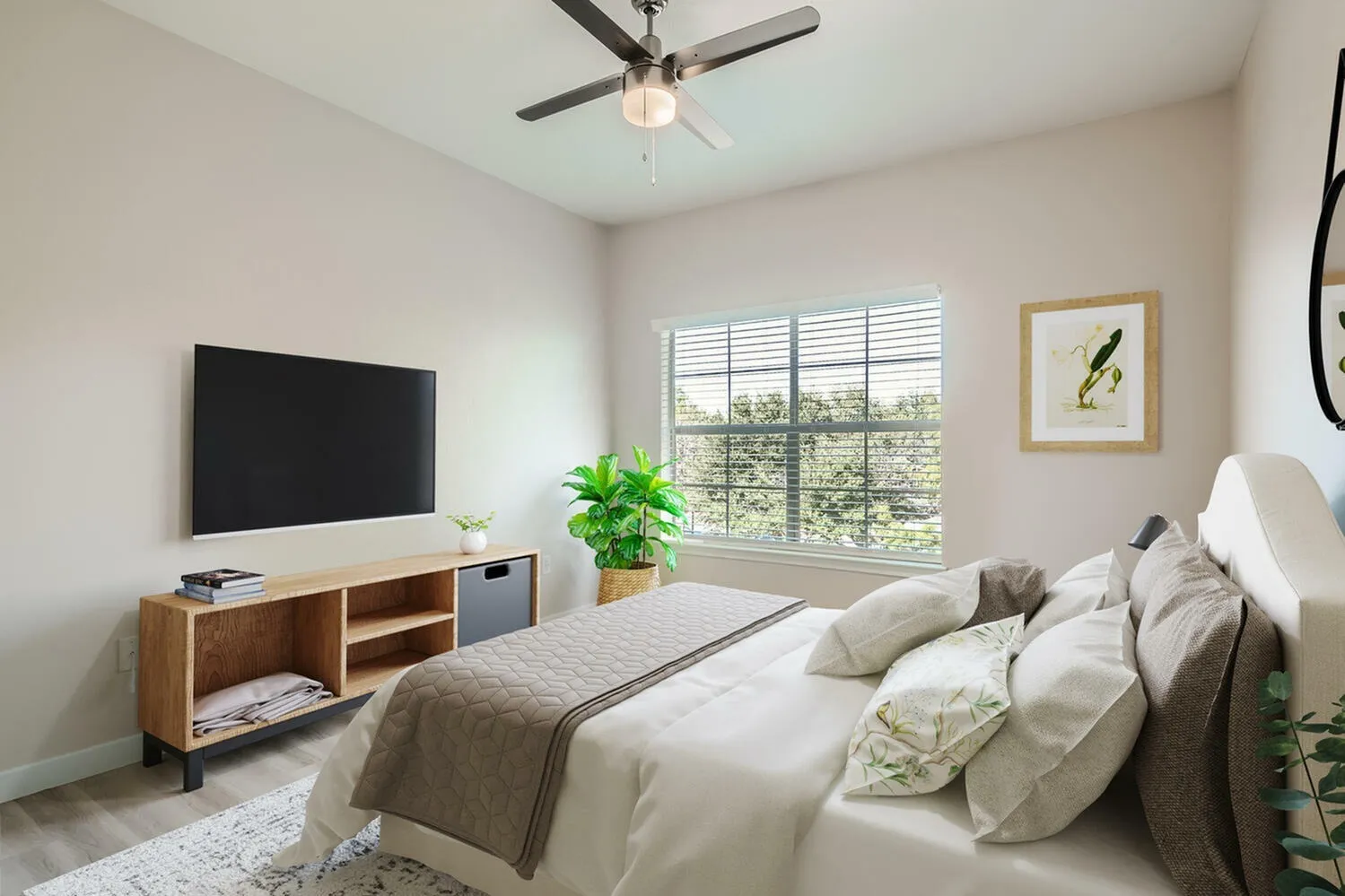 Primary bedroom, ceiling fan with light, wood-style plank flooring, large window, wall-mounted TV