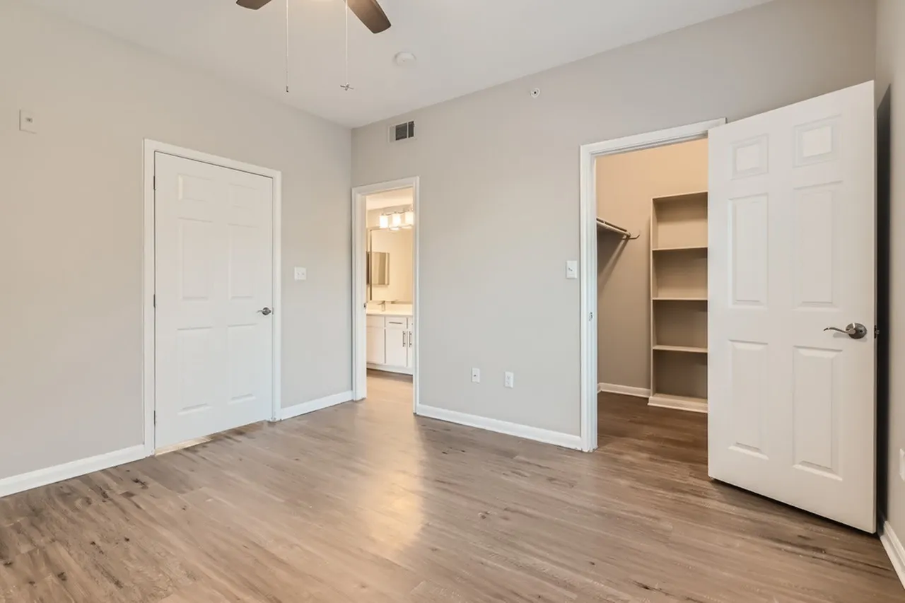 Primary bedroom, wood-style plank flooring, walk-in closet, ceiling fan