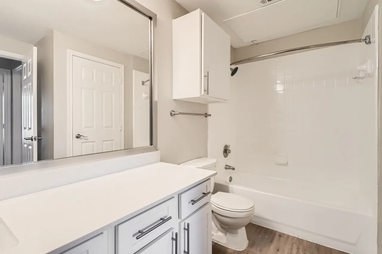 Primary bathroom, white vanity cabinetry, quartz countertops, wood-style plank flooring