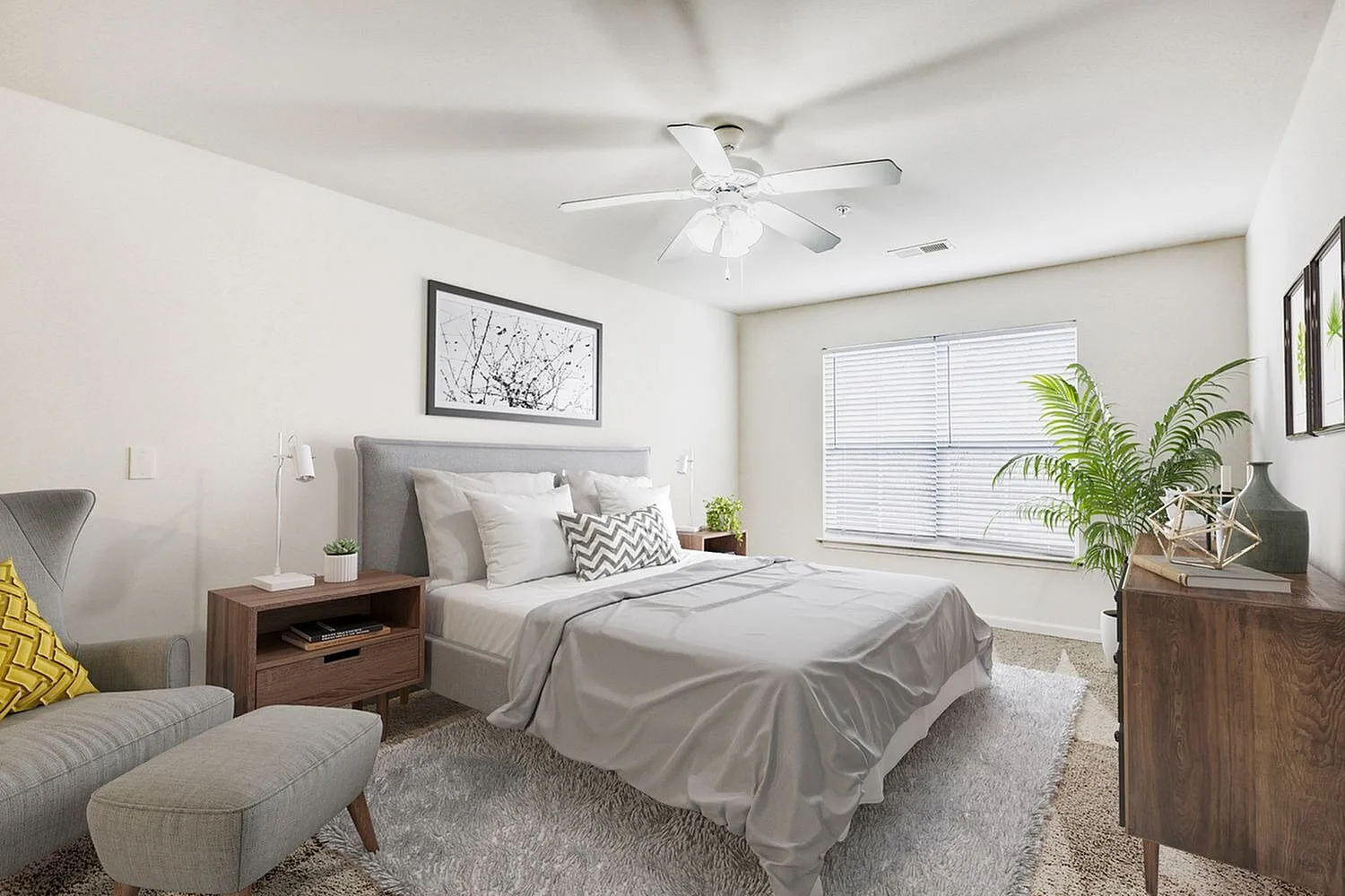 Primary bedroom, wood-style plank flooring, ceiling fan, upholstered bed with nightstand